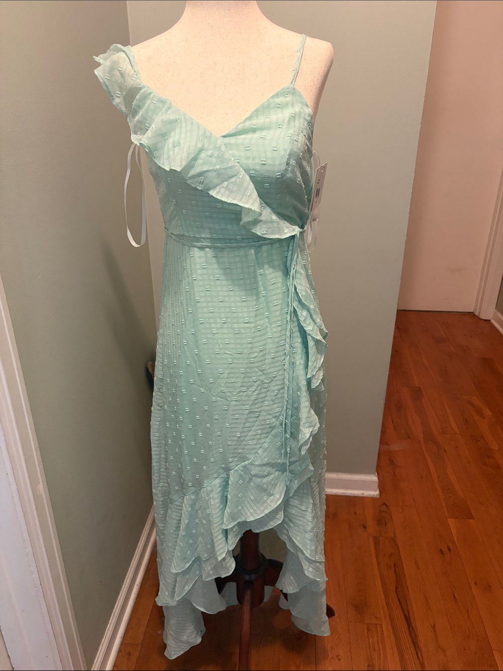 by & by Mint Green Asymmetrical Ruffle Wrap Dress